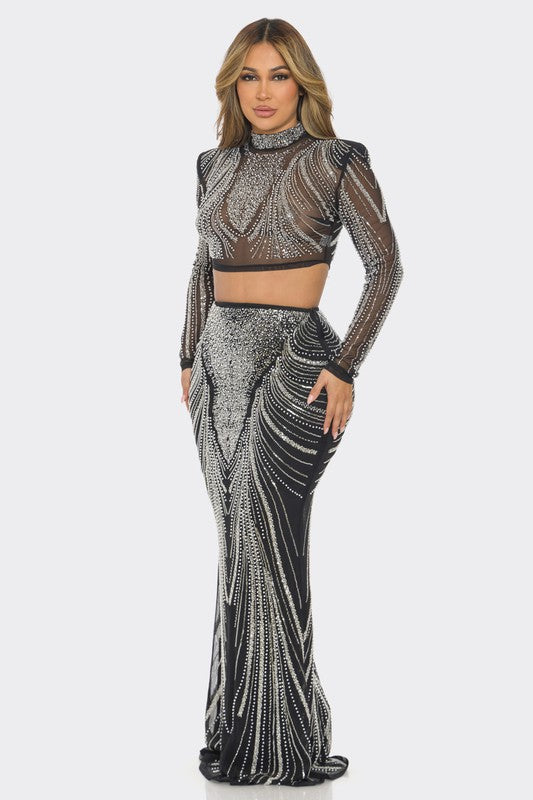 Celebration Sequin Pearl Top & Skirt Set Black