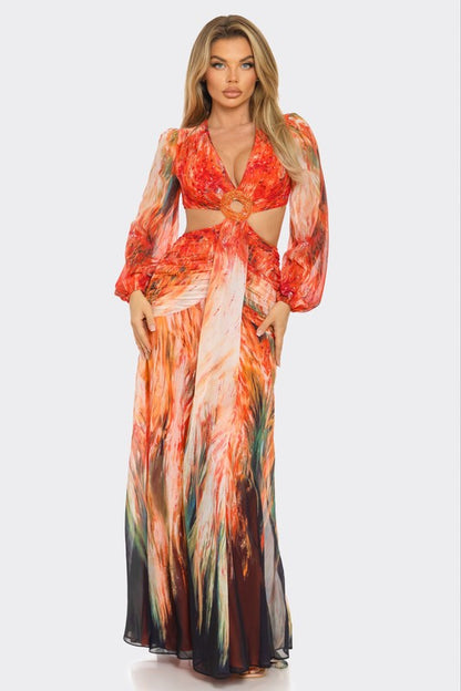 Bora Bora Chiffon Print Cut Out Maxi Dress (Orange)