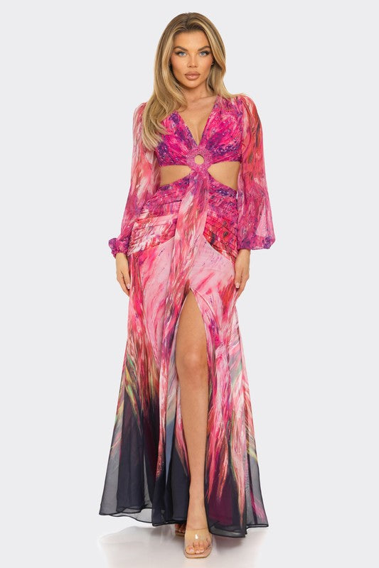 Bora Bora Chiffon Print Cut Out Maxi Dress (Fuchsia)