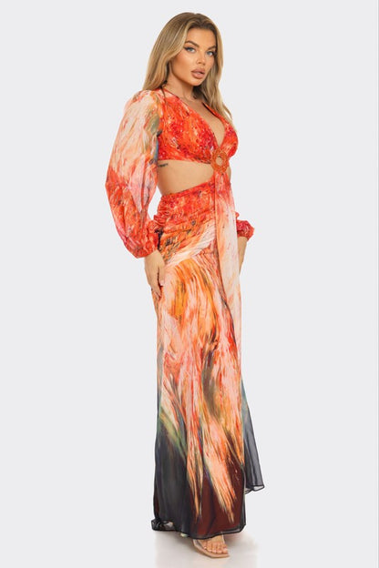 Bora Bora Chiffon Print Cut Out Maxi Dress (Orange)
