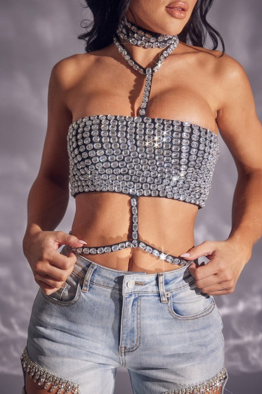 Mia Rhinestone Cutout Crop Top (Black)