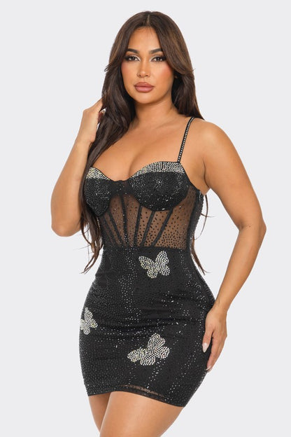 Midnight Butterfly Sparkle Mini Dress (Black)