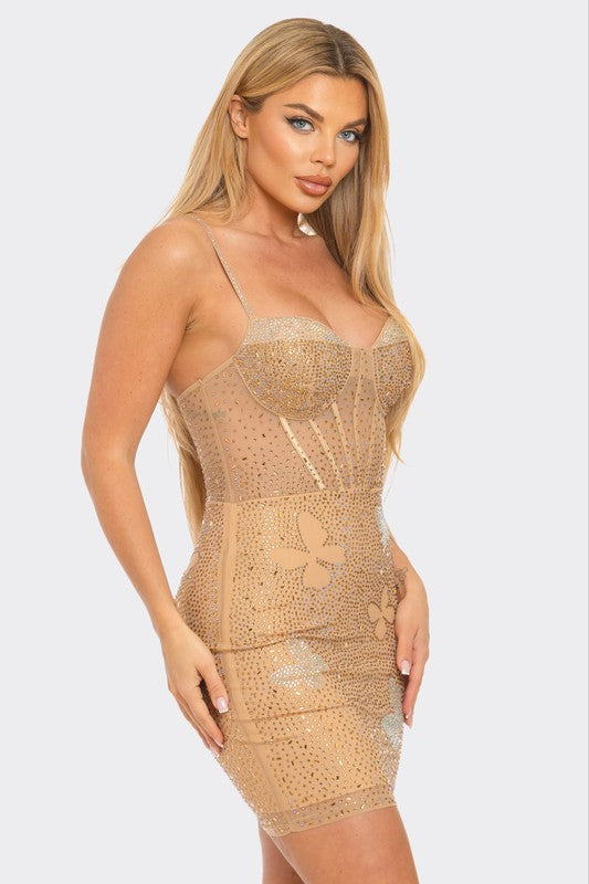 Midnight Butterfly Sparkle Mini Dress (Nude)