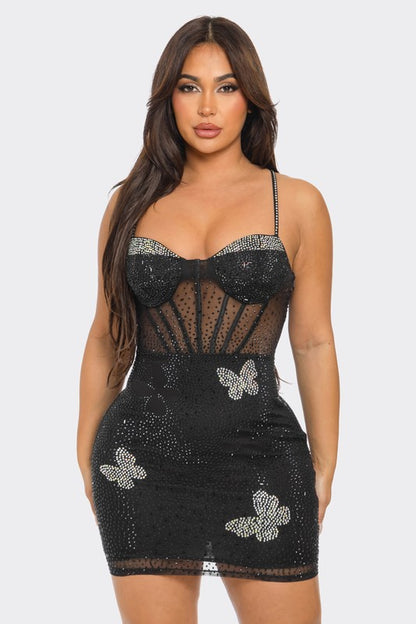 Midnight Butterfly Sparkle Mini Dress (Black)