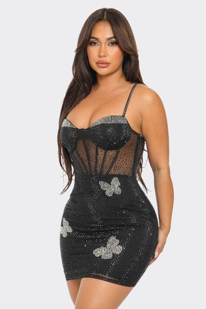 Midnight Butterfly Sparkle Mini Dress (Black)