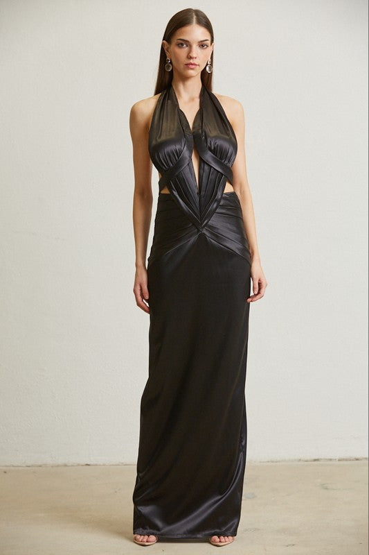 Midnight Elegance Pleated Satin Maxi Dress (Black)