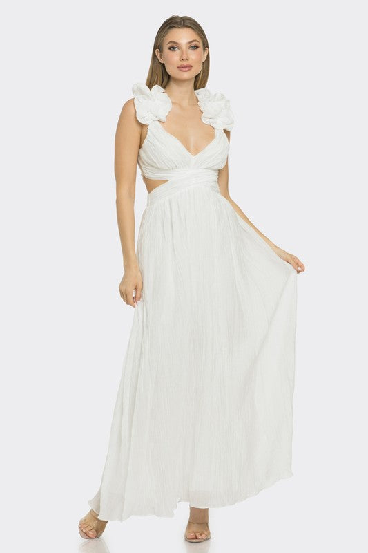 Whispering Petals Ruffle Shoulder Maxi Dress (White)
