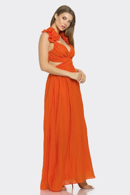 Whispering Petals Ruffle Shoulder Maxi Dress (Orange)