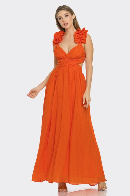 Whispering Petals Ruffle Shoulder Maxi Dress (Orange)