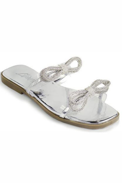 Women Rhinestone Double Bow Clear Strap Slide on Sandals (Silver)