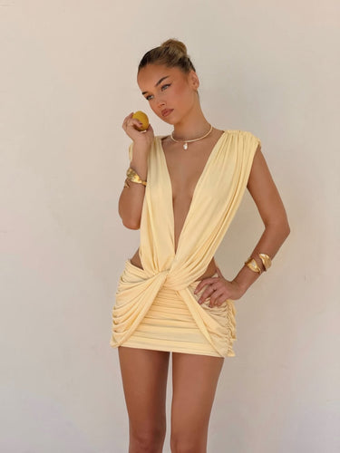 Golden Drape Sculpted 
Mini Dress- Yellow