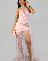 Lace Illusion Draped Halter Gown Maxi Dress - Pink | Maxi Dress