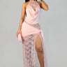 Lace Illusion Draped Halter Gown Maxi Dress - Pink | Maxi Dress