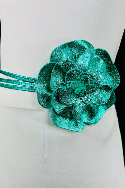 Floral Radiance Convertible Leather Wrap Belt & Choker (Turquoise)