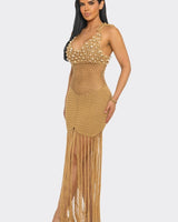 Camel Shell Embellished Crochet Fringe Cover-Up Dress