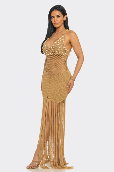 Camel Shell Embellished Crochet Fringe Cover-Up Dress