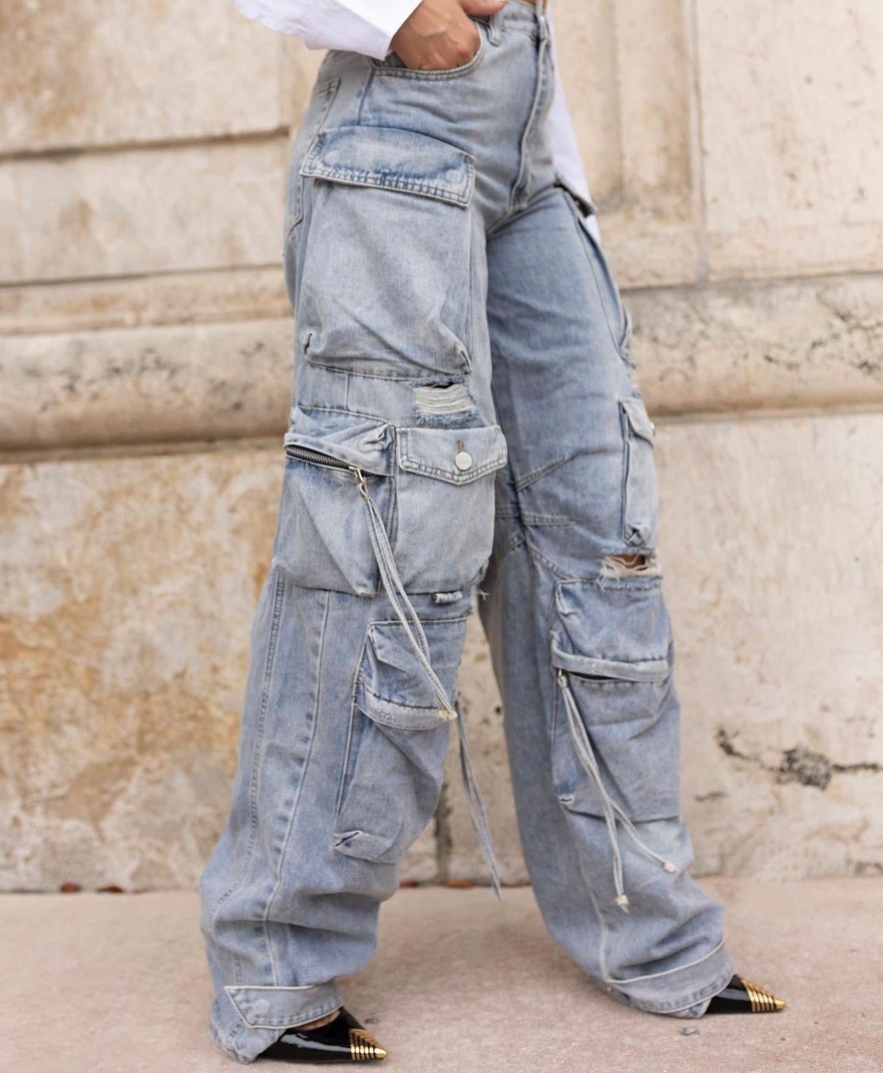 Street Utility Distressed Cargo Jeans