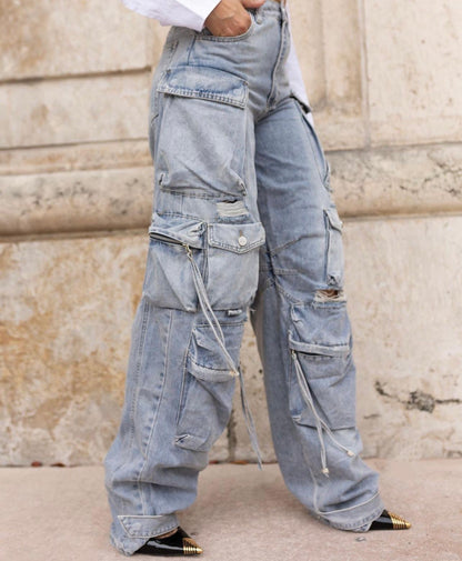 Street Utility Distressed Cargo Jeans