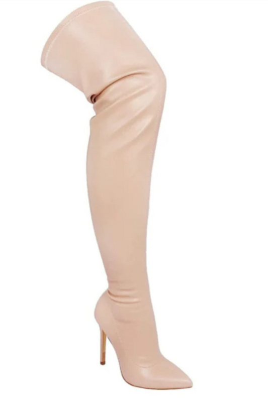 Pu Leather Gisele Pointed Toe Over The Knee Boots (Nude)