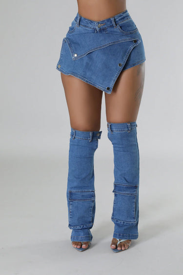 2pc Denim Duo Skort (w/ Leg Sleeves) - Palazzo Couture Online