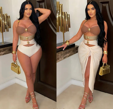 2pcs Oceanic Glamour Swimsuit Set (Brown) - Palazzo Couture Online