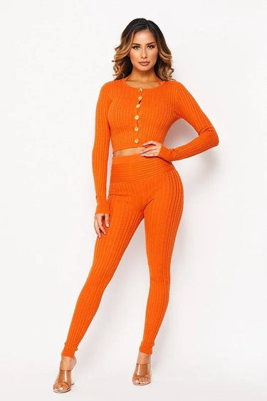 Women's Orange pant set knit style back view