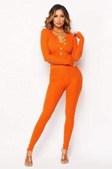 3 Pcs Cable Knit Legging Pant Set (Orange) front view showing complete two piece pant set