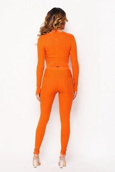 3 Pcs Cable Knit Legging Pant Set (Orange) close up of knit top design and fabric detail