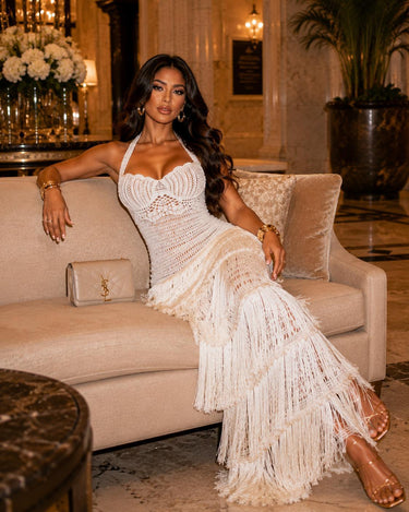 Coastal Glamour Crochet Fringe Maxi Dress
