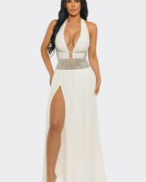 Goddess Allure Rhinestone Halter Gown- White