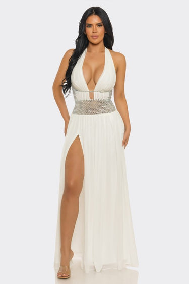 Goddess Allure Rhinestone Halter Gown- White