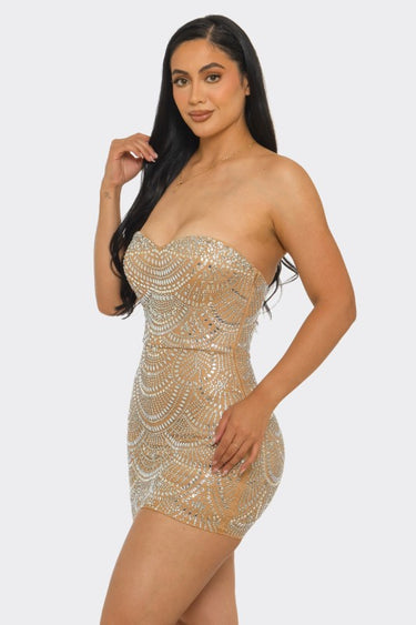 Celeste Rhinestone Strapless Mini Dress - Nude