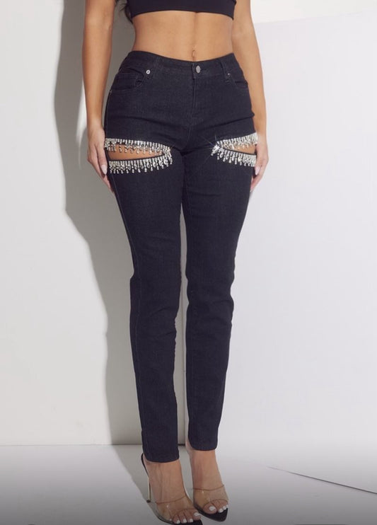 Rhianna Cut out Crystal Cascade Jeans (Black)