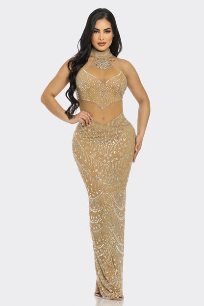 Radiant Glamour Rhinestone Maxi Dress (Nude)