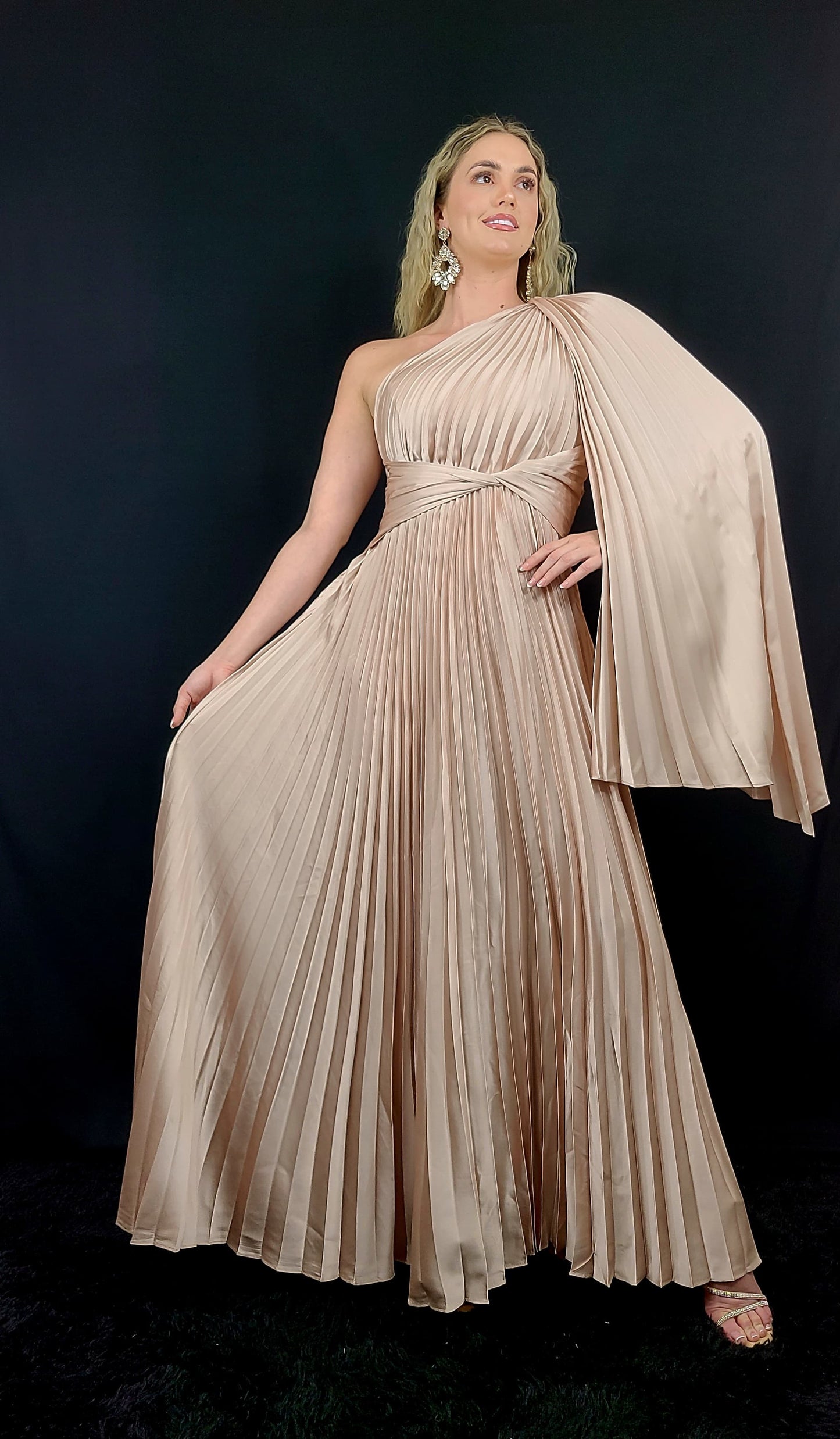 One Shoulder Pleated Maxi Dress (Champagne)