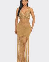 Camel Shell Embellished Crochet Fringe Cover-Up Dress