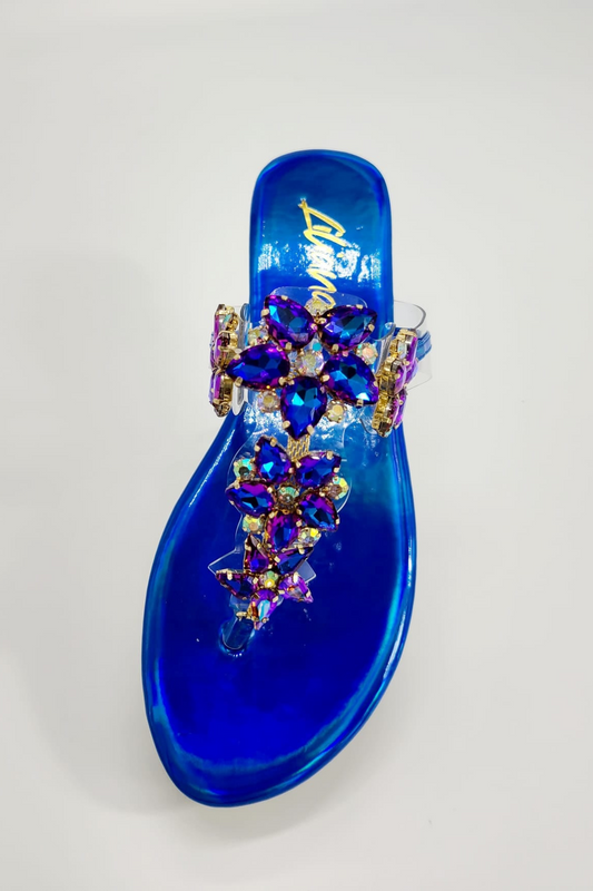 Moly Rhinestone Faux Jeweled Thong Flat Sandals (Blue)