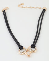 Black rope necklace with horsebit toggle clasp, full view with extender chain