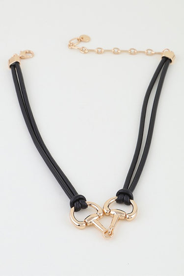 Black rope necklace with horsebit toggle clasp, full view with extender chain
