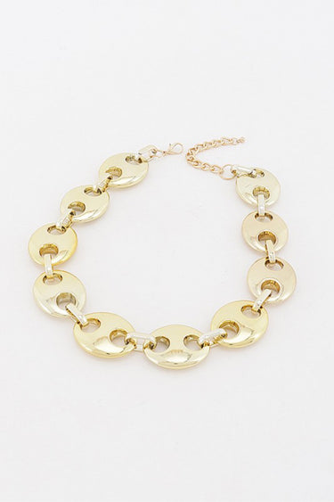 Gold oval cut out link necklace, full flat lay with extender chain