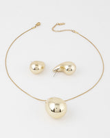 Gold teardrop necklace set full view with chain, extender and earrings