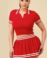 Matching red skirt set with high‑waist skirt and cropped top