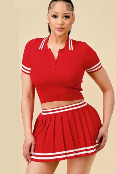 Matching red skirt set with high‑waist skirt and cropped top