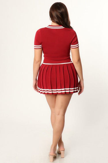 Coordinated red skirt set ready for brunch or evening event