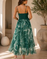 Emerald Garden Lace-Up Midi Dress | Green Floral Corset Dress