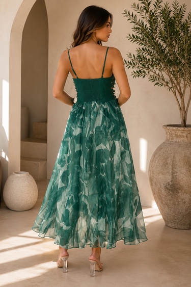 Emerald Garden Lace-Up Midi Dress | Green Floral Corset Dress