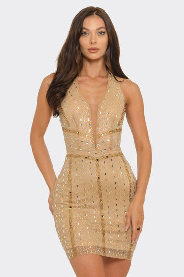Golden Glow Rhinestone Halter Mini Dress
