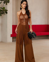 Luxe Lace Elegance 3-Piece Pant Set - Brown | Pant Set