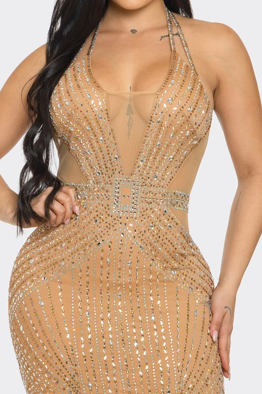 Radiant Rhinestone Halter Mini Dress