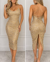 Gold Sequin Lace Midi Dress | Open Back Bodycon Cocktail Dress | Golde